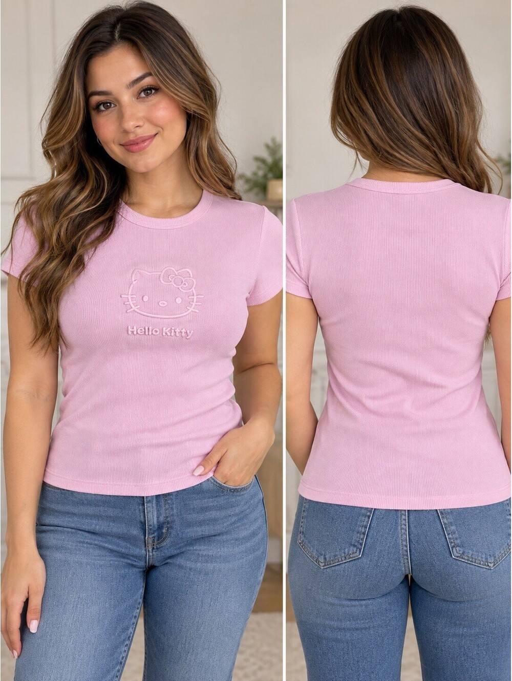 Women’s Pink Zara Ribbed Hello Kitty T Shirt NWT SIZE M